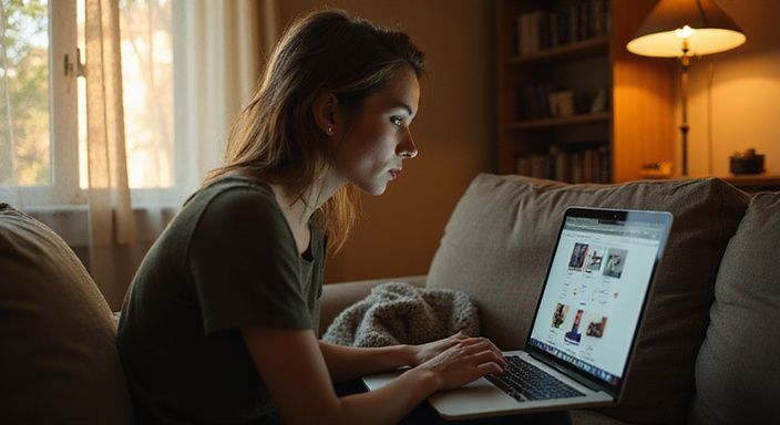 Een jonge vrouw zit geconcentreerd op een bank met een laptop. Een jonge vrouw zit geconcentreerd op een bank met een laptop.