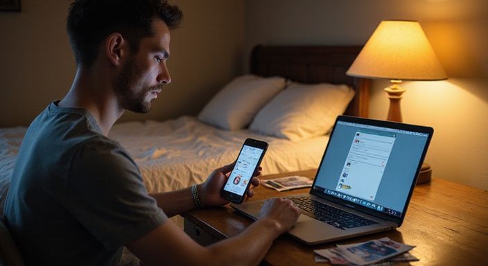 Een jonge man bekijkt een datingapp op zijn laptop en smartphone. Een jonge man bekijkt een datingapp voor erotisch contact in Limburg op zijn laptop en smartphone.
