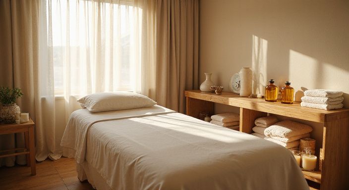 Een serene spabehandelingsruimte met een massagetafel en aromatherapie. Een serene spabehandelingsruimte met een massagetafel en aromatherapie.
