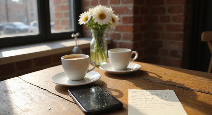 Twee koffie kopjes op een verweerd eiken tafel met notities. Twee koffie kopjes op een verweerd eiken tafel met notities.