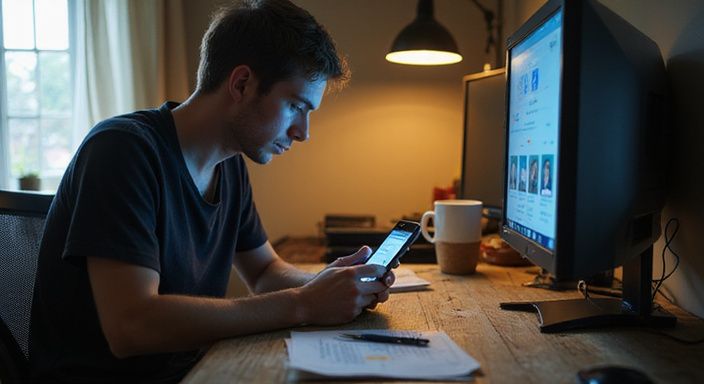 Een jonge man verdiept in een marktplaats-app op zijn smartphone. Een jonge man verdiept in een marktplaats-app op zijn smartphone.