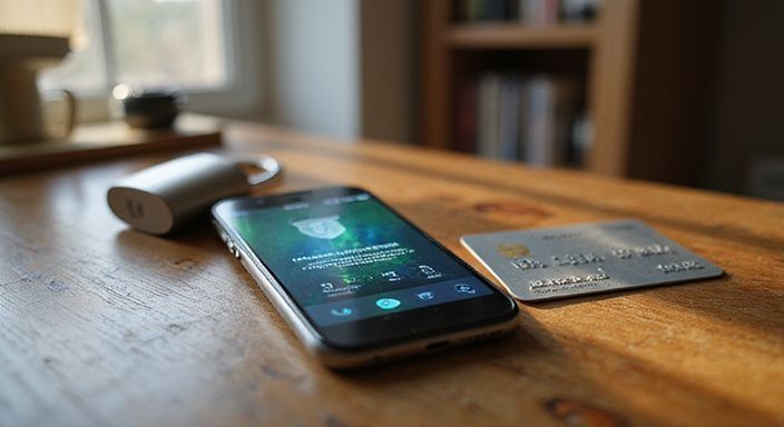 Smartphone met beveiligingsinterface, een hangslot en een creditcard. Smartphone met beveiligingsinterface, een hangslot en een creditcard.