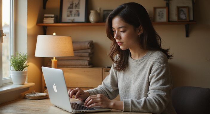 Een vrouw in een informele setting, geconcentreerd op haar laptop. Een vrouw zoekt op haar laptop naar erotisch contact in Limburg.